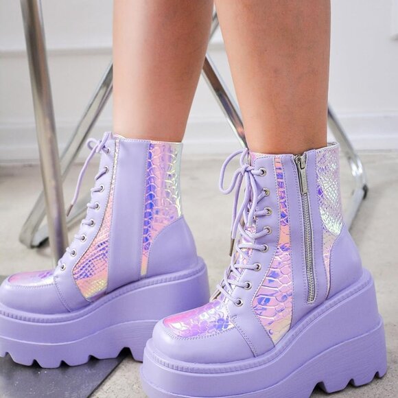 Holographic Ankle Boots Women Chunky Block Heels Pointed Toe PU Leather - Picture 6 of 6